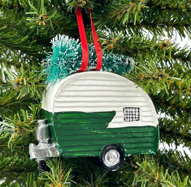 Camper RV with Christmas Tree Ornament