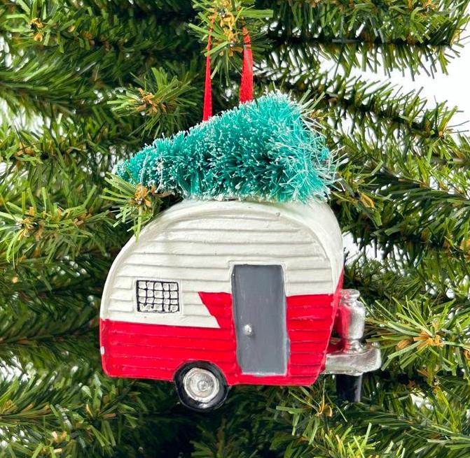Camper RV with Christmas Tree Ornament