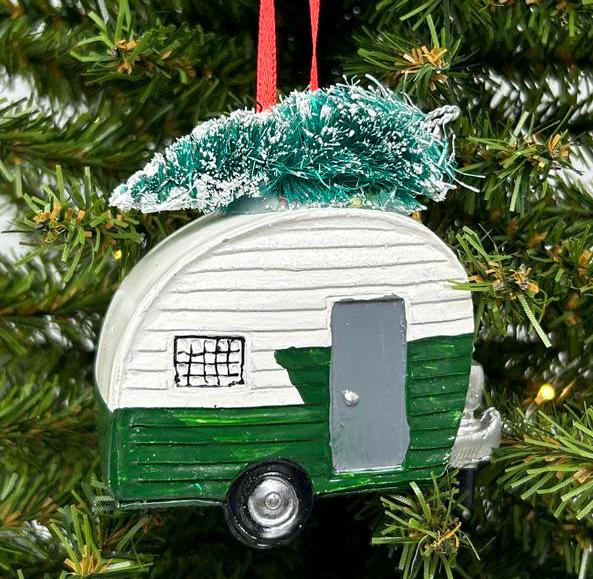 Camper RV with Christmas Tree Ornament
