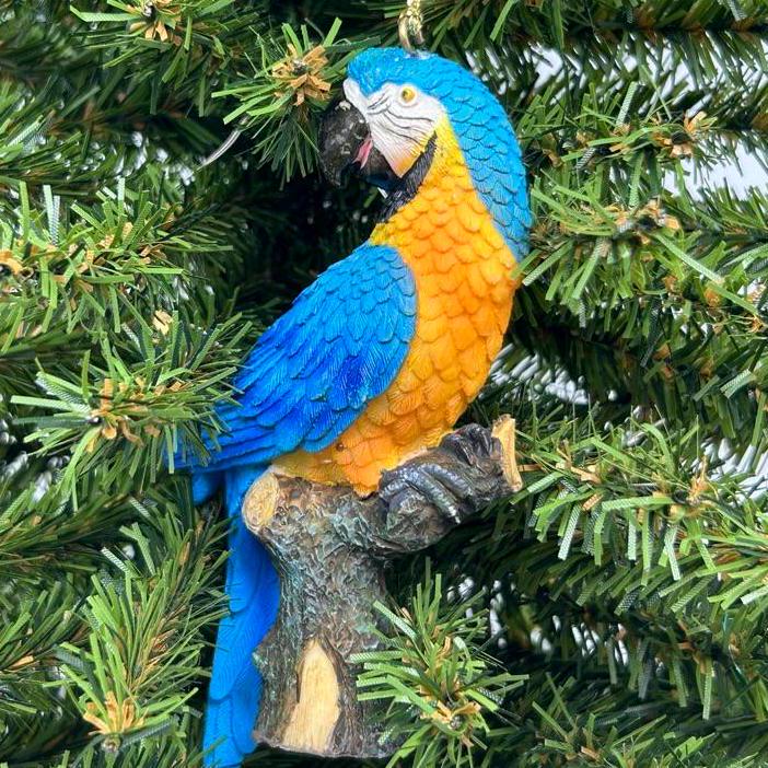Colorful Macaw on Branch Ornament (blue or red)