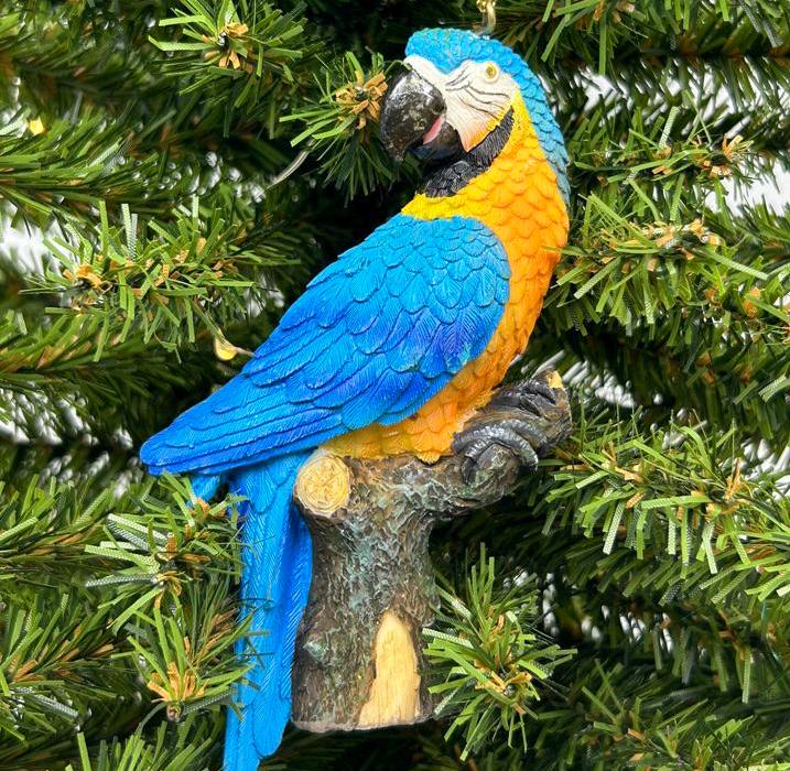 Colorful Macaw on Branch Ornament (blue or red)