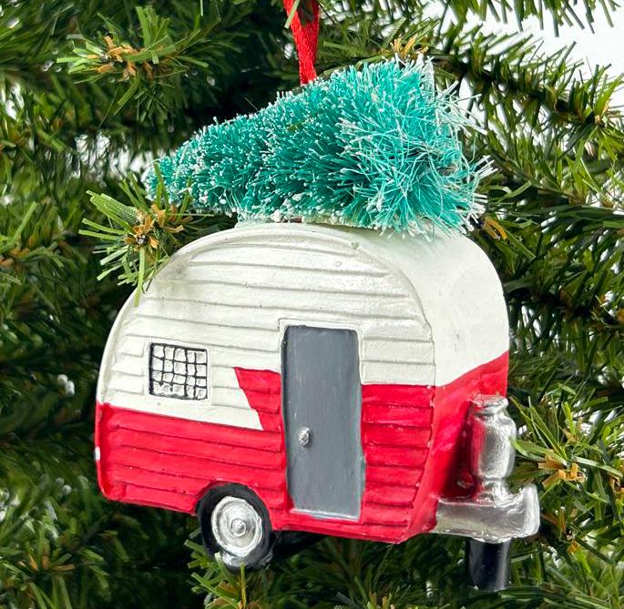Camper RV with Christmas Tree Ornament