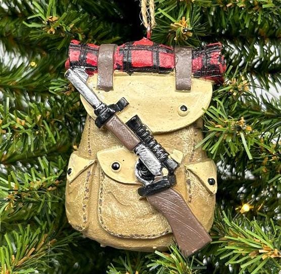 Hunter's Bag with Rifle and Buffalo Plaid Blanket Ornament