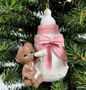Baby with Bottle and Bow Ornament in Pink or Blue