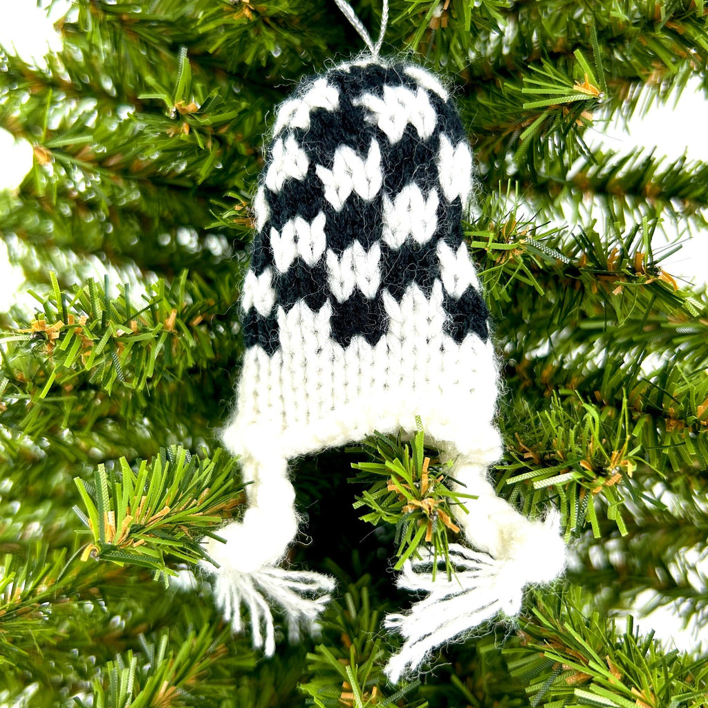 Knit Winter Beanie Hat with Braids Ornament