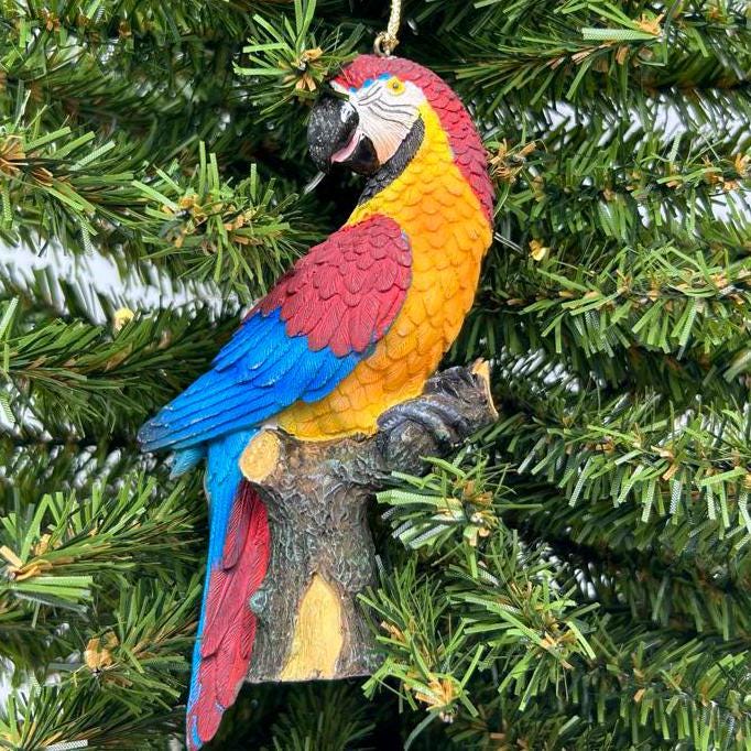 Colorful Macaw on Branch Ornament (blue or red)