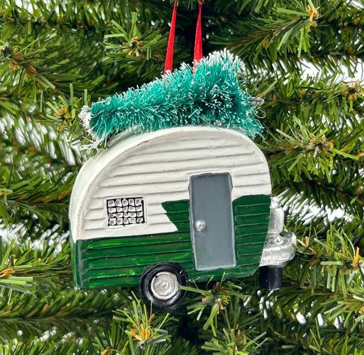 Camper RV with Christmas Tree Ornament