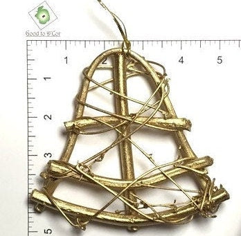 Rustic Natural Rattan and Vine Christmas 5" Bell Ornament in Gold Tone