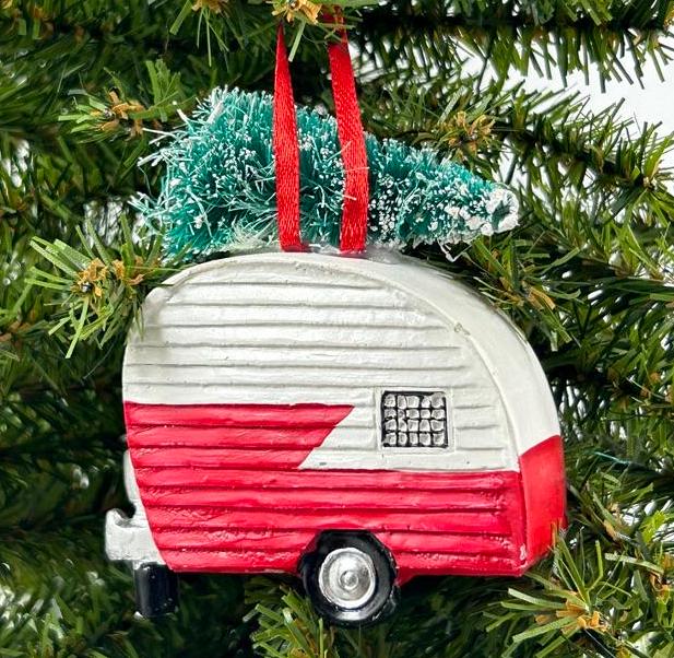 Camper RV with Christmas Tree Ornament
