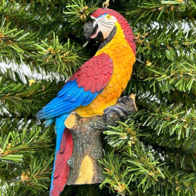 Colorful Macaw on Branch Ornament (blue or red)