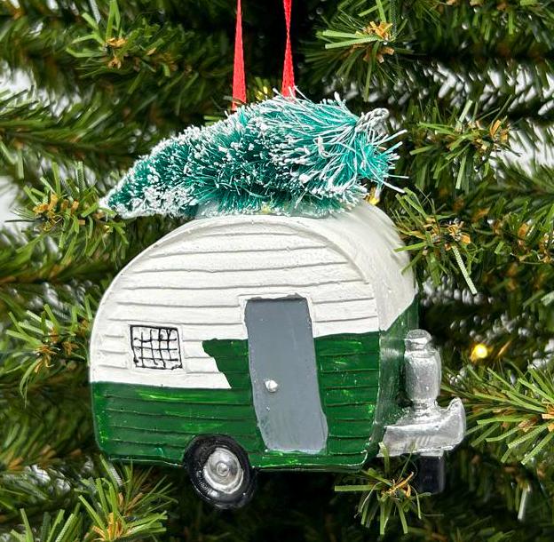 Camper RV with Christmas Tree Ornament