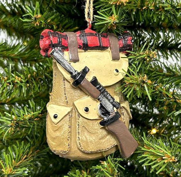 Hunter's Bag with Rifle and Buffalo Plaid Blanket Ornament