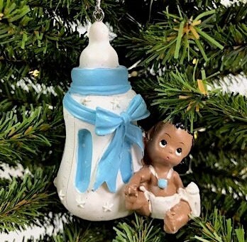 Baby with Bottle and Bow Ornament in Pink or Blue