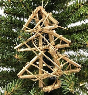 Rustic Natural Rattan and Vine 6" Christmas Tree Ornament in Gold Tone