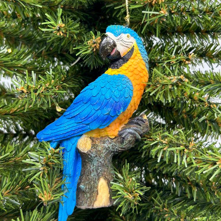 Colorful Macaw on Branch Ornament (blue or red)